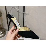 Jimmy Choo Heel 8.5cm Saeda 85 Pumps Suede Black with Crystal Embellishment 2024