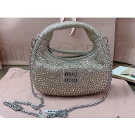 Miu Miu Wander satin and silk mini hobo bag with synthetic crystals 5BP078 Beige 2024