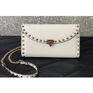 Valentino Rockstud Wallet With Chain in Grainy Calfskin White 2024