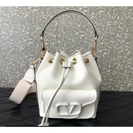 Valentino Locò Bucket Bag In Calfskin Leather White With Enamel Tone-On-Tone Vlogo Signature 2024