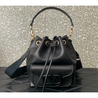 Valentino Locò Bucket Bag In Calfskin Leather Black With Enamel Tone-On-Tone Vlogo Signature 2024