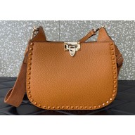 Valentino Rockstud Hobo Bag in Grainy Calfskin Brown 2024
