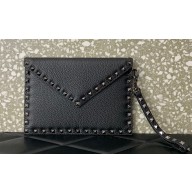 Valentino Rockstud Pouch Clutch Bag in Grainy Calfskin Black 2024