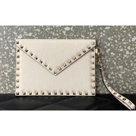 Valentino Rockstud Pouch Clutch Bag in Grainy Calfskin White 2024