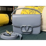 Valentino Small Locò Shoulder Bag In Calfskin Leather Blue With Enamel Tone-On-Tone Vlogo Signature 2024