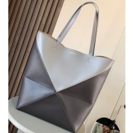 Loewe Large Puzzle Fold Tote Bag in shiny calfskin Black/Gray 2024
