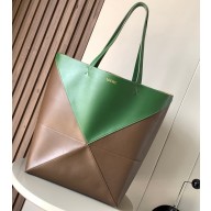 Loewe Large Puzzle Fold Tote Bag in shiny calfskin Brown/Green 2024