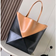 Loewe Large Puzzle Fold Tote Bag in shiny calfskin Black/Brown 2024