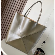 Loewe Large Puzzle Fold Tote Bag in shiny calfskin Olive Green 2024