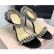Mach & Mach Heel 9.5cm Audrey Crystal Heart Ankle Strap Sandals in Satin Black 2024