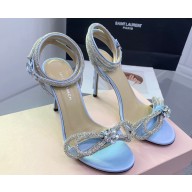 Mach & Mach Heel 9.5cm Double Crystal Bow Ankle Strap Sandals in Satin Blue 2024
