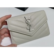 Saint Laurent Cassandre Matelassé Small Envelope Wallet In Grain De Poudre Embossed Leather 414404 Blanc Vintage/Silver