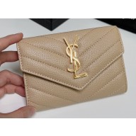 Saint Laurent Cassandre Matelassé Small Envelope Wallet In Grain De Poudre Embossed Leather 414404 Beige/Gold