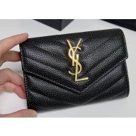 Saint Laurent Cassandre Matelassé Small Envelope Wallet In Grain De Poudre Embossed Leather 414404 Black/Gold