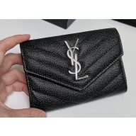 Saint Laurent Cassandre Matelassé Small Envelope Wallet In Grain De Poudre Embossed Leather 414404 Black/Silver