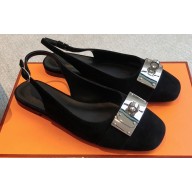 Hermes Innocente slingbacks Flats Black in suede goatskin with iconic oversized Kelly buckle 2024