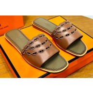 Hermes Gaelle sandals Brown in Calfskin with with signature "Chaine d'Ancre" embroidery Top Quality 2024