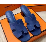 Hermes Helia 60 sandals Blue in suede goatskin with "H" cut-out details Top Quality 2024