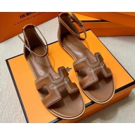 Hermes Santorini sandals Brown in Calfskin with "H" cut-out and Stitches details Top Quality 2024