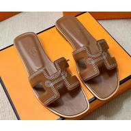 Hermes Oran sandals Brown in Calfskin with "H" cut-out and Stitches details Top Quality 2024