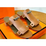 Hermes Invincible 50 sandals Brown in Calfskin with iconic Medor studs Top Quality 2024