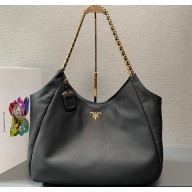 Prada Soft Calfskin Leather Chain Tote Bag 1BA638 Black/Gold 2024