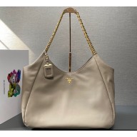 Prada Soft Calfskin Leather Chain Tote Bag 1BA638 Beige/Gold 2024