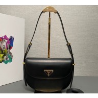 Prada Arqué leather shoulder bag with flap 1BD365 Black 2024