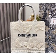 Dior Small Book Tote Bag in White D-Lace Butterfly Embroidery with 3D Macramé Effect 2024