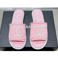 Chanel CC Logo Fabric Flat Mules Pink 2024