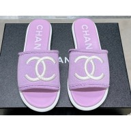Chanel CC Logo Fabric Flat Mules Purple 2024