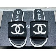 Chanel CC Logo Fabric Flat Mules Black 2024