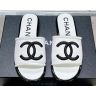 Chanel CC Logo Fabric Flat Mules White 2024