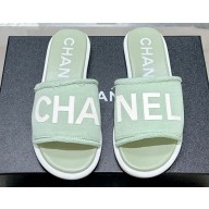 Chanel Logo Fabric Flat Mules Green 2024