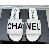 Chanel Logo Fabric Flat Mules White 2024