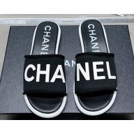 Chanel Logo Fabric Flat Mules Black 2024