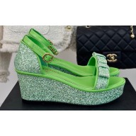 Chanel Crystal Bow Wedge Sandals Glitter Green 2024
