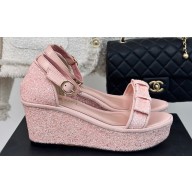 Chanel Crystal Bow Wedge Sandals Glitter Pink 2024