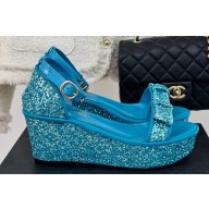 Chanel Crystal Bow Wedge Sandals Glitter Blue 2024
