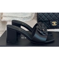 Chanel Heel 6.5cm Lambskin Mules with Camellia G45499 Black 2024
