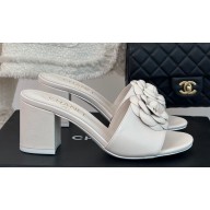 Chanel Heel 6.5cm Lambskin Mules with Camellia G45499 White 2024