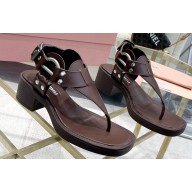 Miu Miu Heel 5cm Calfskin leather Thong Sandals Coffee with Buckle 2024