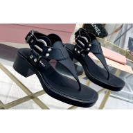 Miu Miu Heel 5cm Calfskin leather Thong Sandals Black with Buckle 2024