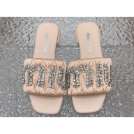 Miu Miu Matelassé Satin Heel slides Beige with Crystal Logo 2024