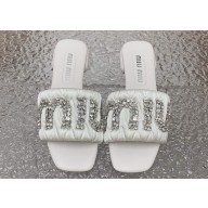 Miu Miu Matelassé Satin Heel slides White with Crystal Logo 2024