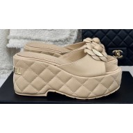 Chanel Heel 7.5cm Lambskin Platform Mules with Camellia Beige 2024