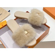 Louis Vuitton Mink Fur Lock It Flat Mules Beige 2024