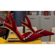 Fendi First high-heeled 9cm slingbacks Satin Red with crystals 2024