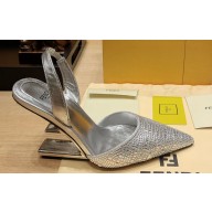 Fendi First Silver-colored leather high-heeled 9.5cm slingbacks with all-over rhinestone embroidery 2024