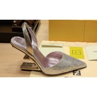Fendi First Gold-colored leather high-heeled 9.5cm slingbacks with all-over rhinestone embroidery 2024